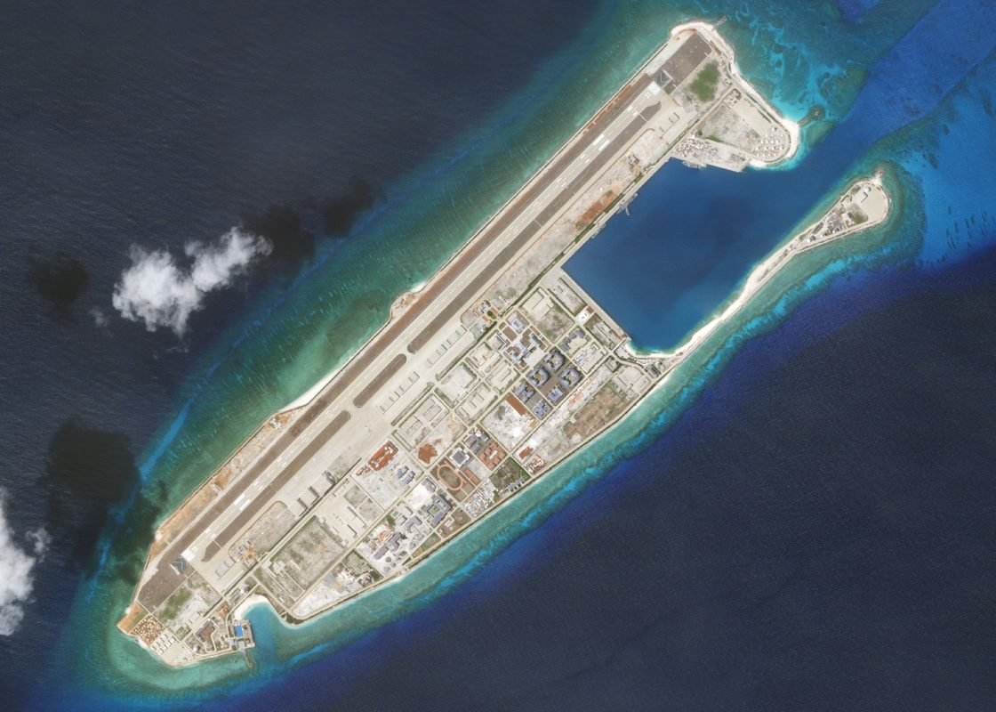 Aerial satellite view of Chinese artificial island military base in the South China Sea