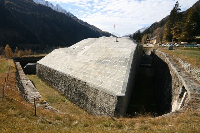 Swiss military fortress built into Alpine mountain terrain in Switzerland
