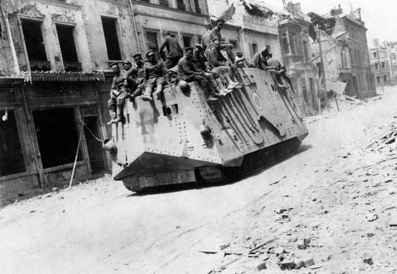 German A7V tank advancing during the 1918 Spring Offensive on the Western Front