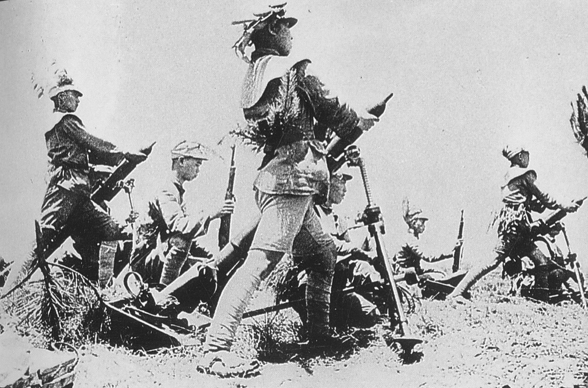 Chinese troops marching in formation during the Battle of Wuhan in 1938