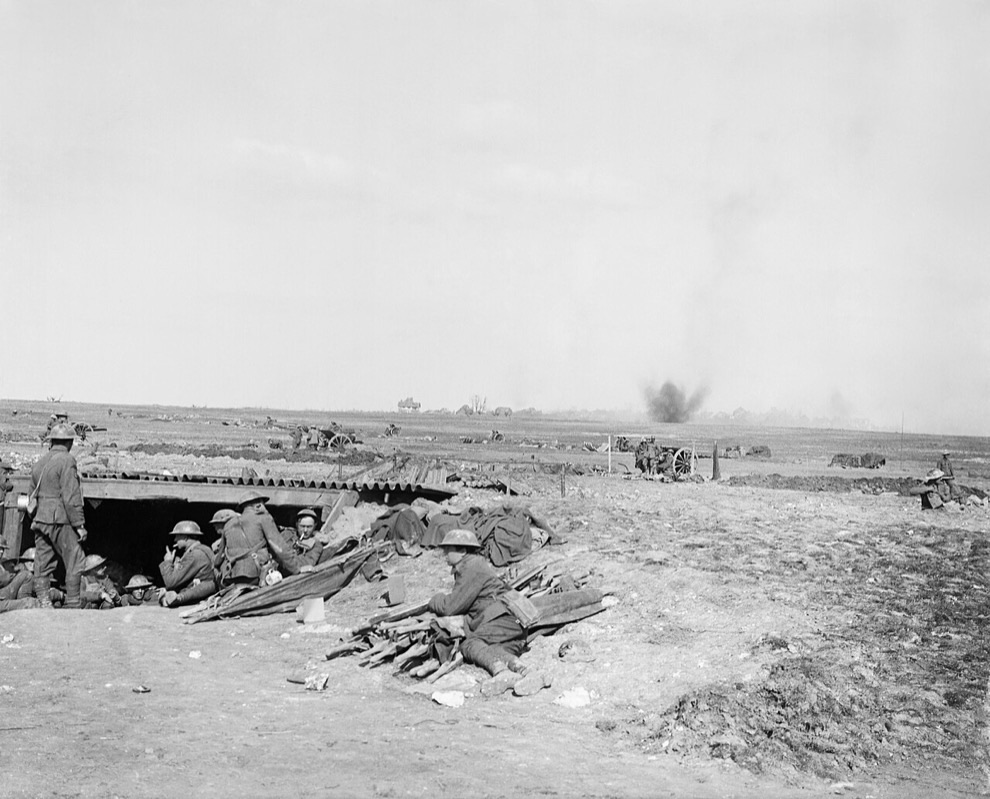 British 18-pounder artillery guns under fire during the Battle of Arras in April 1917