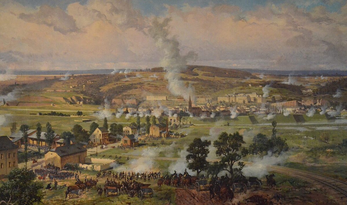 Painting of the Prussian Guard storming French positions at the Battle of Sedan in 1870