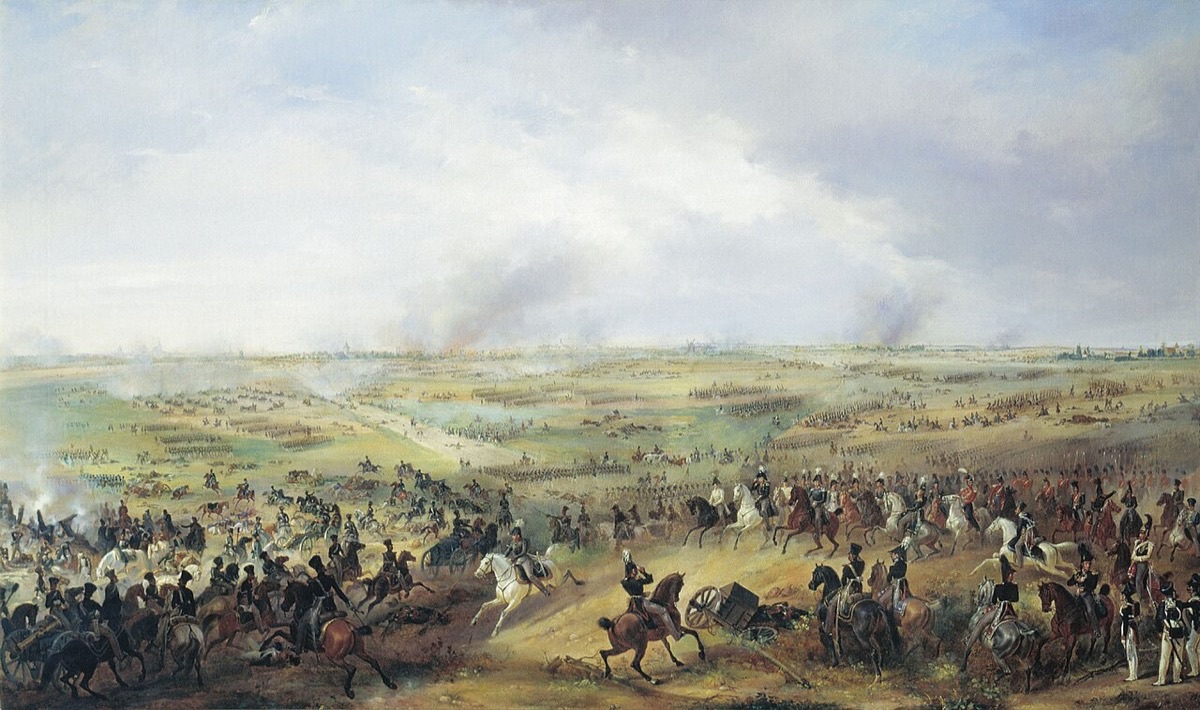 Painting depicting the massive Battle of Leipzig in 1813 with cavalry and infantry clashing on the battlefield