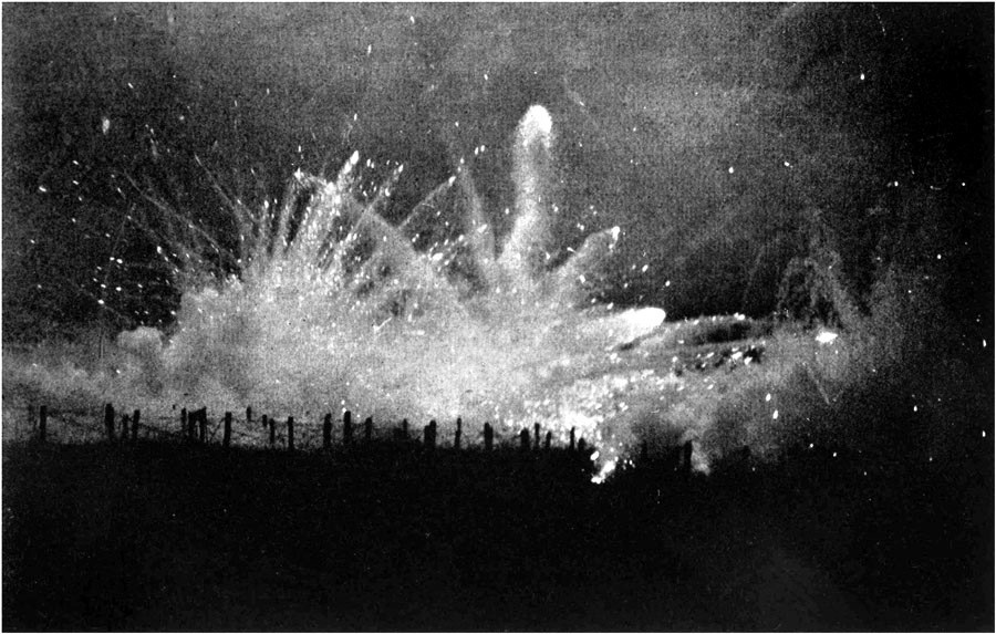 German barrage fire illuminating the night sky during the Battle of Ypres on the Western Front