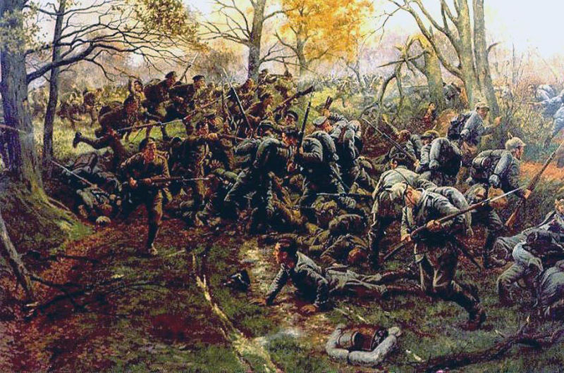 British soldiers of the 2nd Ox and Bucks fighting the Prussian Guard during the First Battle of Ypres 1914