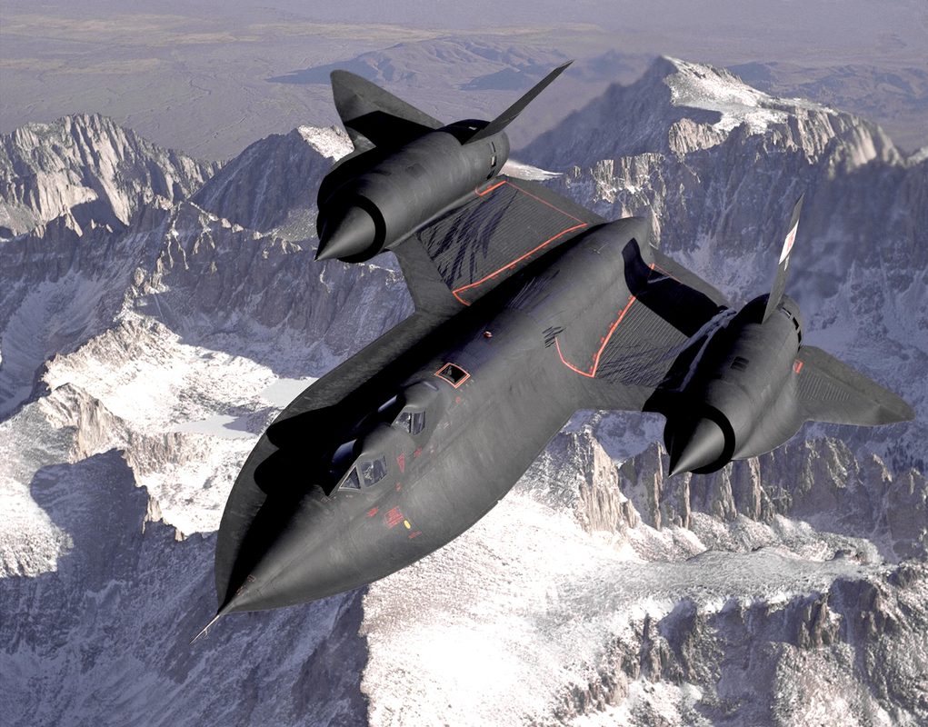 SR-71 Blackbird in flight at high altitude with dark sky above