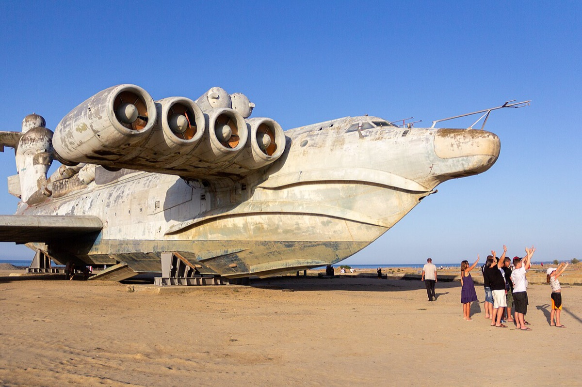 Lun-class ekranoplan missile carrier beached on the Caspian Sea shore