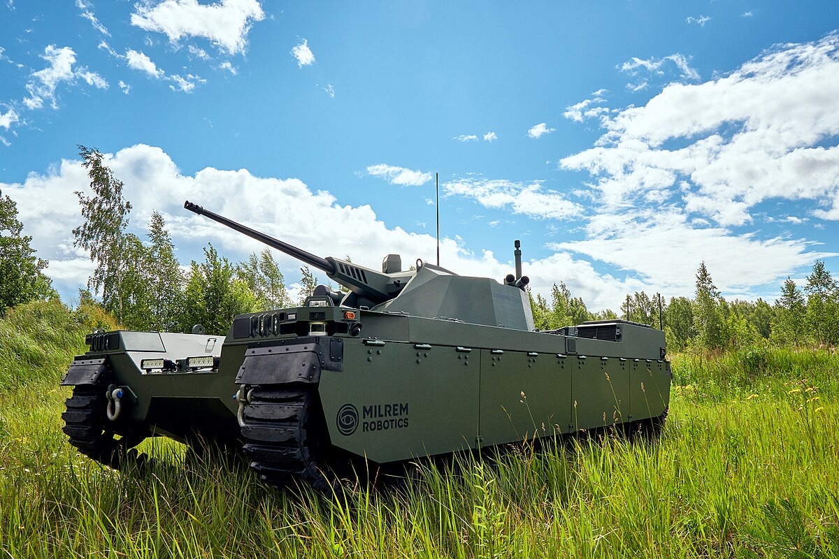 Type-X Robotic Combat Vehicle by Milrem Robotics at a defense exhibition