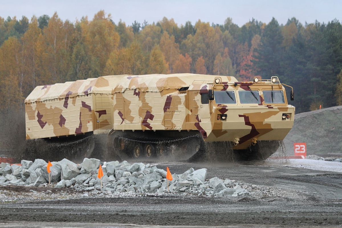 DT-30 Vityaz articulated tracked carrier crossing rough terrain
