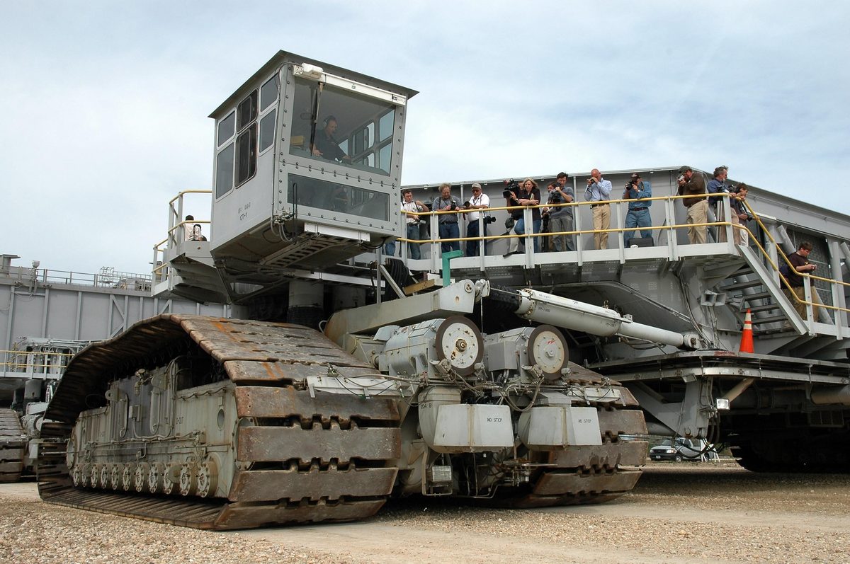 NASA Crawler-Transporter carrying a Space Shuttle to the launch pad at Kennedy Space Center