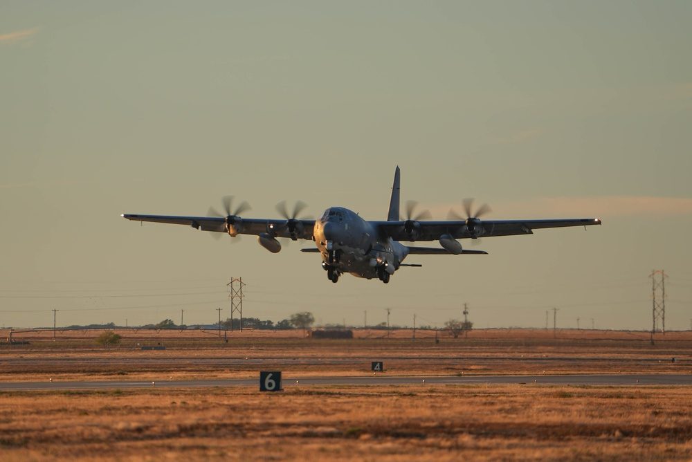 AC-130J Ghostrider taking off from Cannon Air Force Base with six-blade propellers spinning
