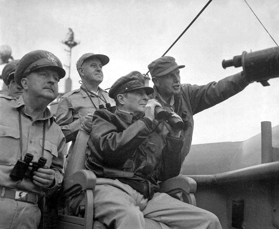 General Douglas MacArthur observing the landings at Inchon during the Korean War, September 1950