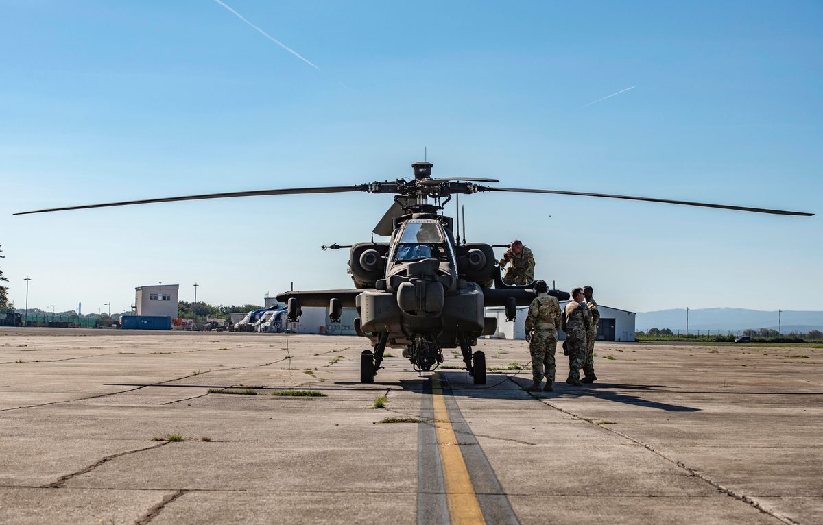 AH-64E Apache Guardian helicopter from the 1st Battalion, 3rd Aviation Regiment at Katterbach Kaserne, Germany