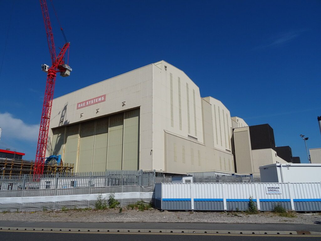 BAE Systems Barrow-in-Furness shipyard exterior with crane and company signage