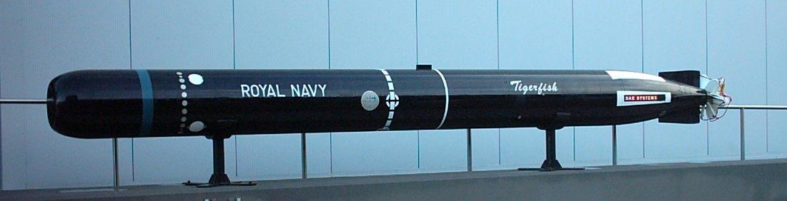 Royal Navy Spearfish heavyweight torpedo on display showing BAE Systems markings