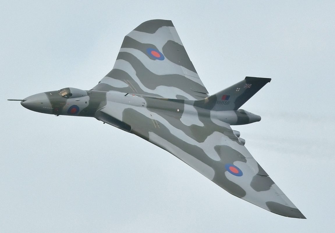 Avro Vulcan XH558 in flight showing its distinctive delta wing shape in camouflage livery