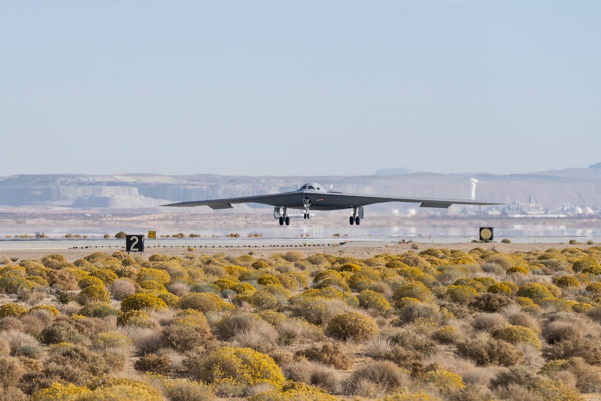 B-21 Raider landing at Edwards Air Force Base during flight testing in 2024