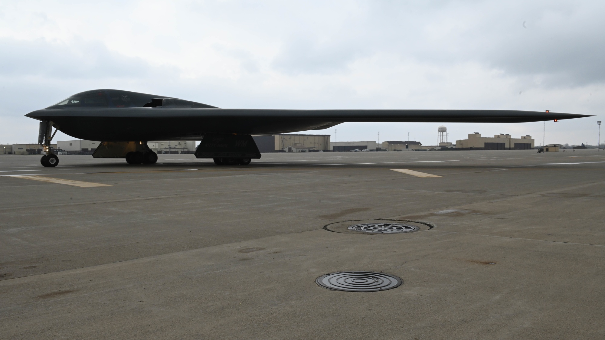 Close-up of B-2 Spirit showing serrated trailing edge and exhaust treatment for radar signature reduction