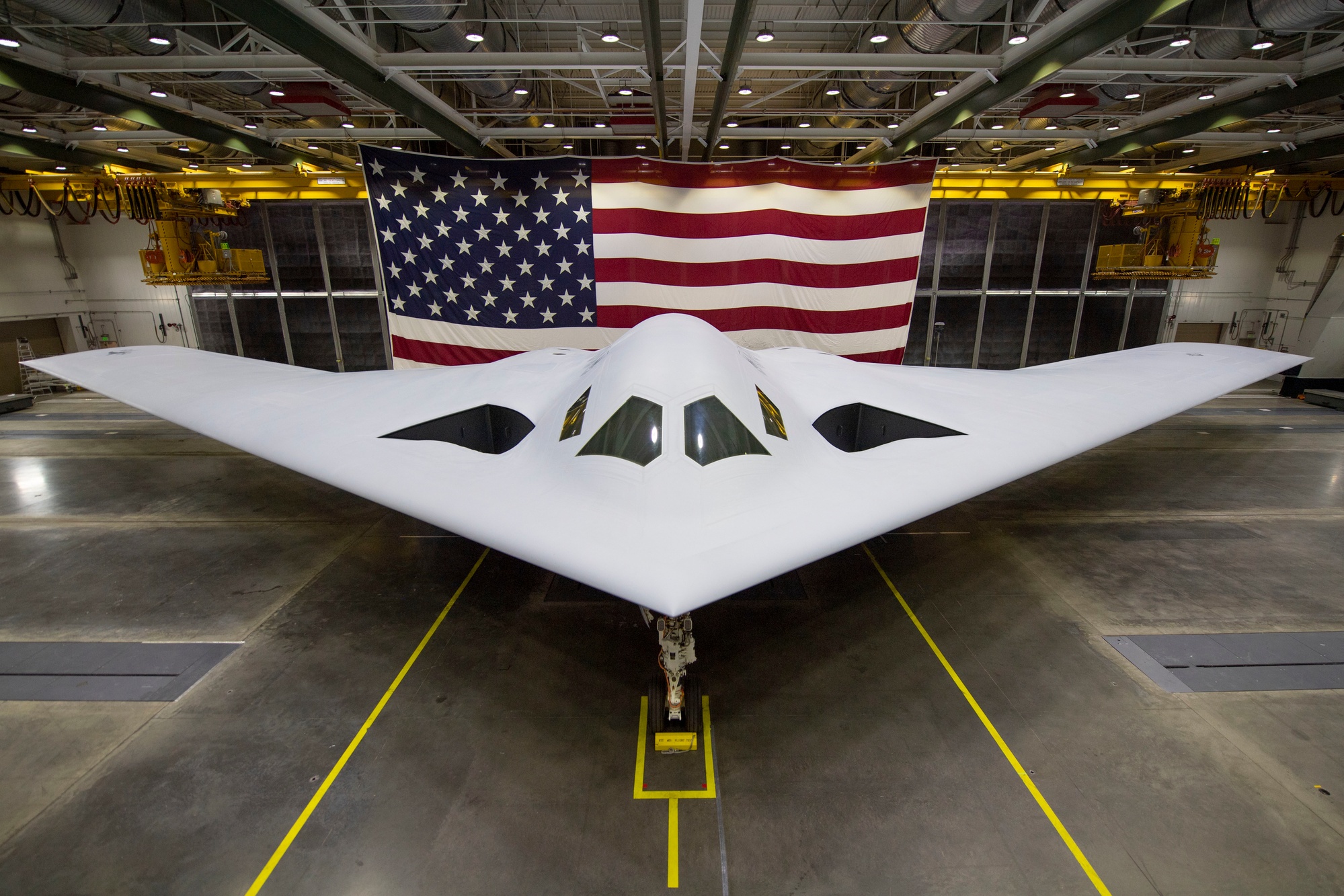 B-21 Raider during its public rollout ceremony at Northrop Grumman Plant 42 in Palmdale, California