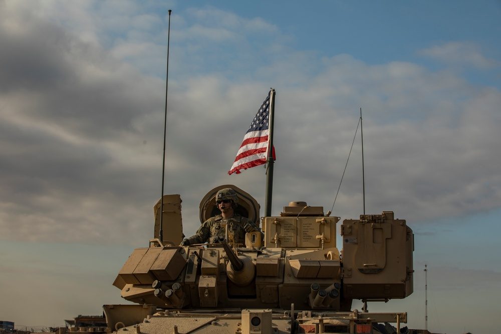 M2A3 Bradley infantry fighting vehicle launching a TOW anti-tank missile during a US Army gunnery exercise