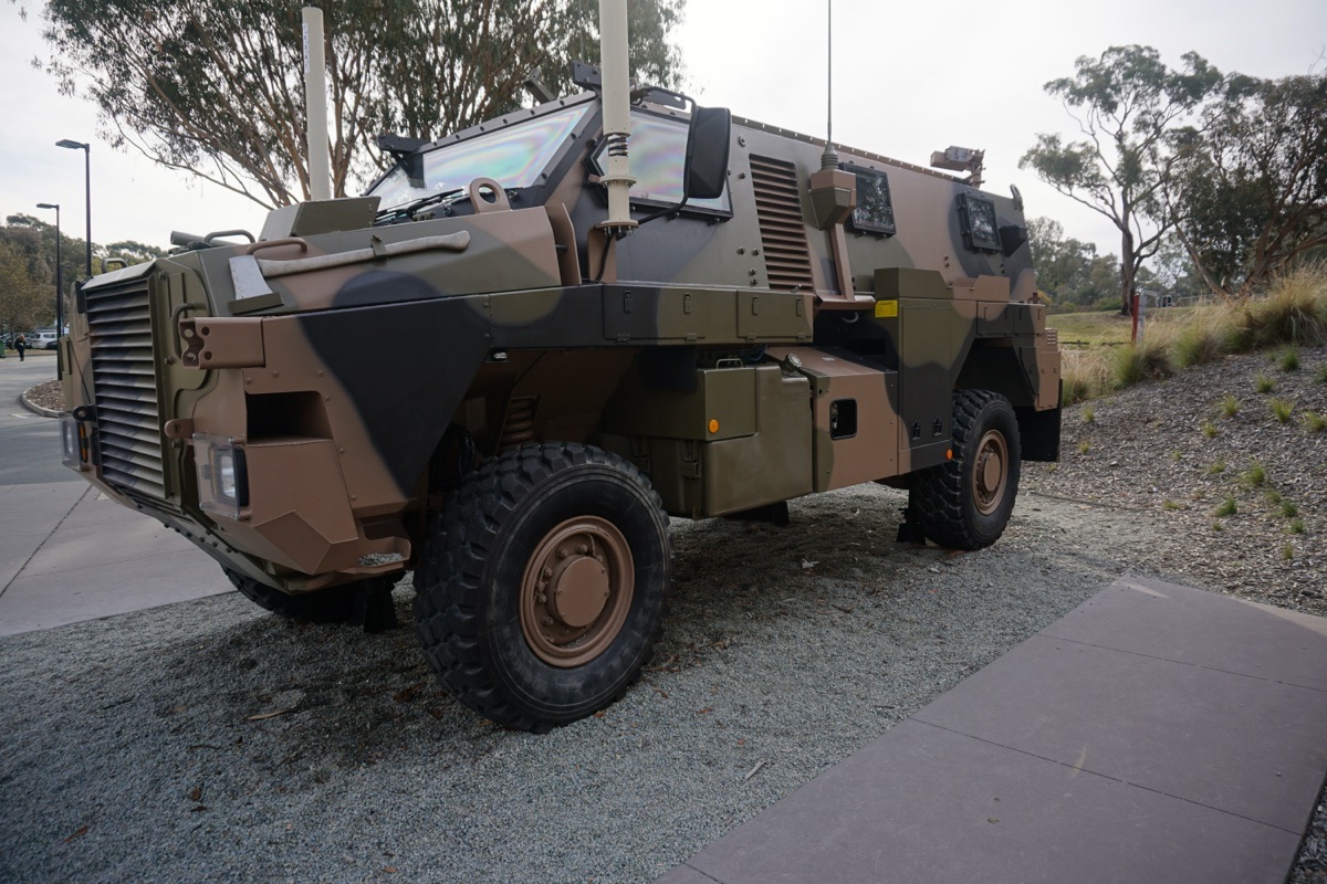 V-shaped hull design of a mine-resistant military vehicle showing the blast deflection geometry