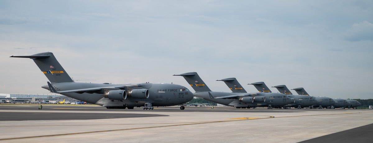 C-17 Globemaster III on the flightline at Joint Base Charleston showing its massive cargo bay and rear loading ramp
