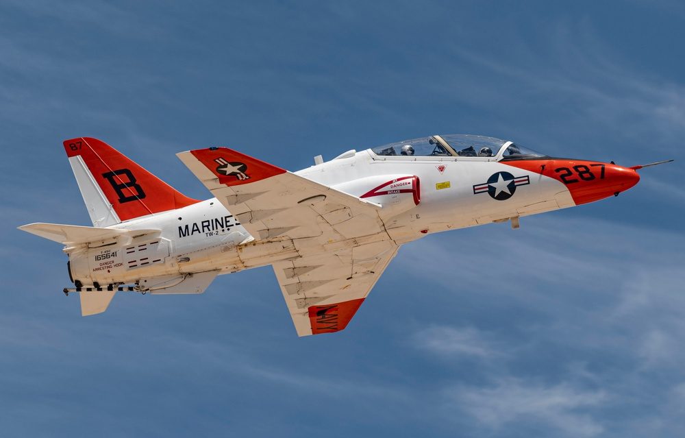 T-45 Goshawk training aircraft on approach during carrier landing qualification