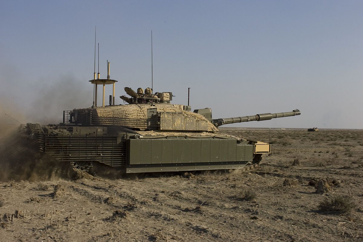 Challenger 2 tank operating in desert conditions during operations in Iraq showing its heavy armor profile