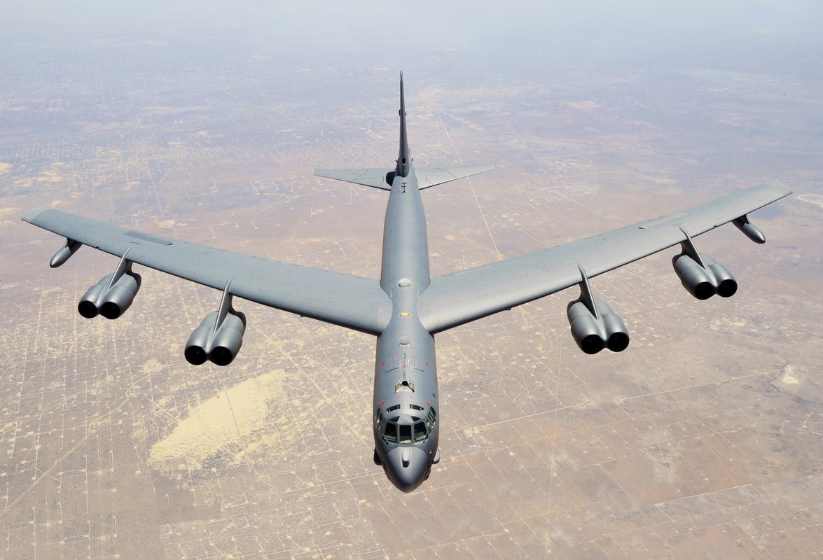 B-52 Stratofortress bomber on the flight line carrying nuclear cruise missiles during a Cold War alert exercise