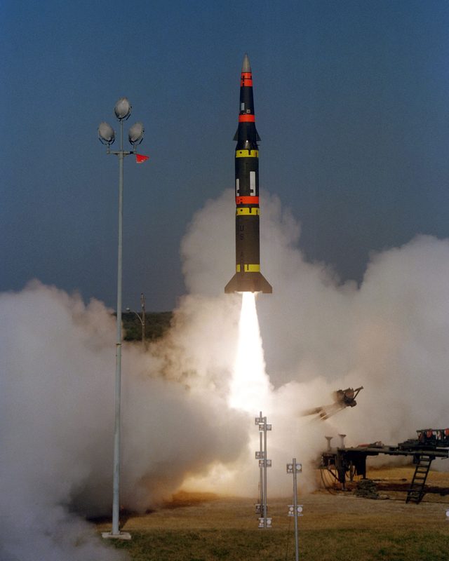 Pershing II medium-range ballistic missile on its mobile transporter-erector-launcher during deployment in West Germany