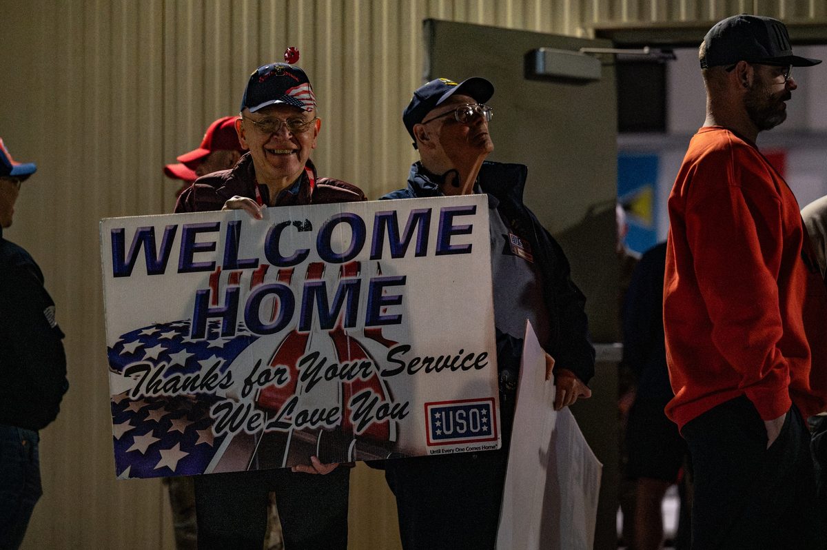 RED HORSE airmen returning from a deployment involving construction and airfield repair operations