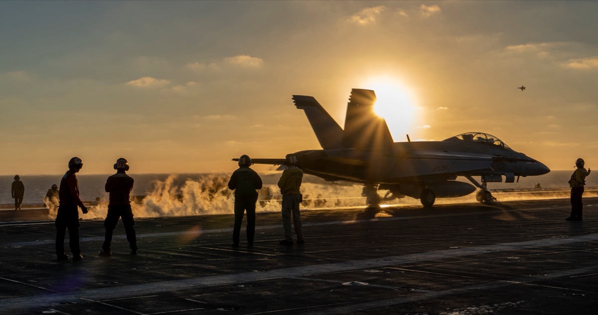 F/A-18F Super Hornet launching from USS Nimitz aircraft carrier during flight operations