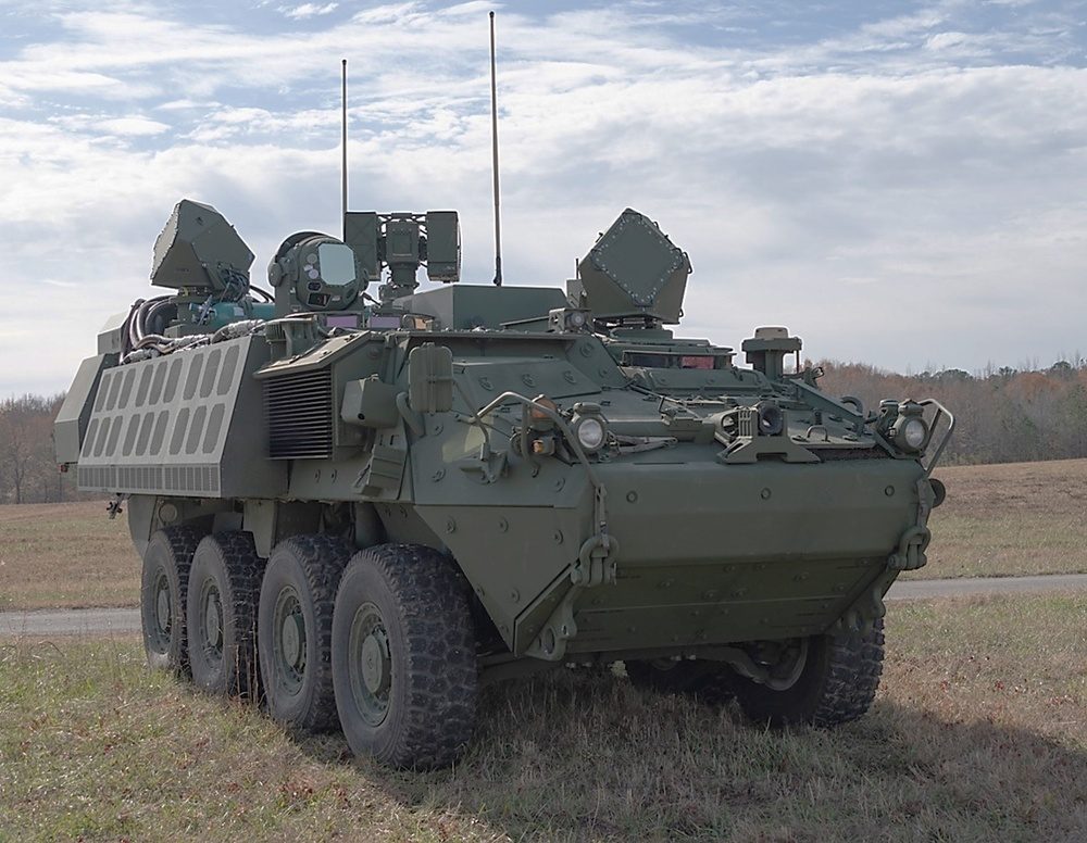 The Directed Energy Maneuver-Short Range Air Defense system on a Stryker vehicle