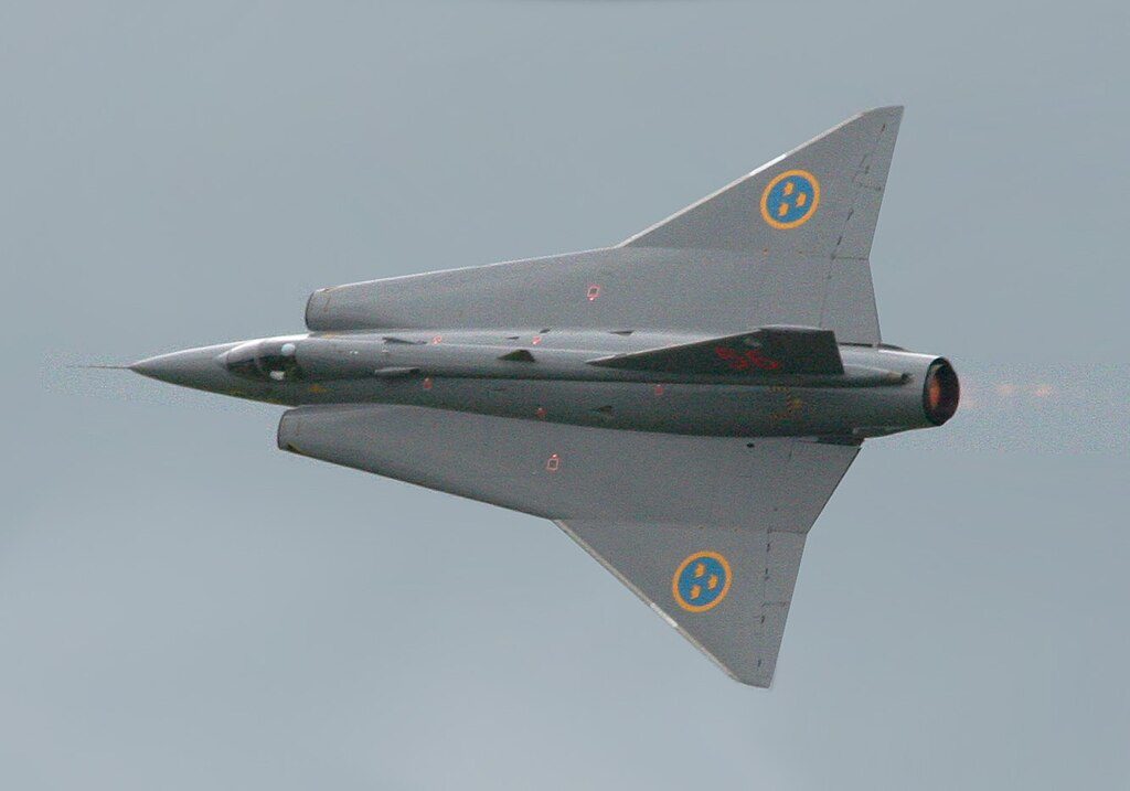 Saab Draken viewed from below in flight showing its distinctive double-delta wing planform