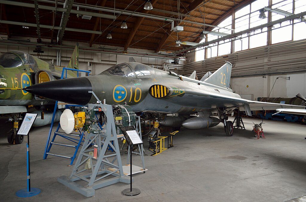 Saab Draken in museum display with Swedish Air Force markings