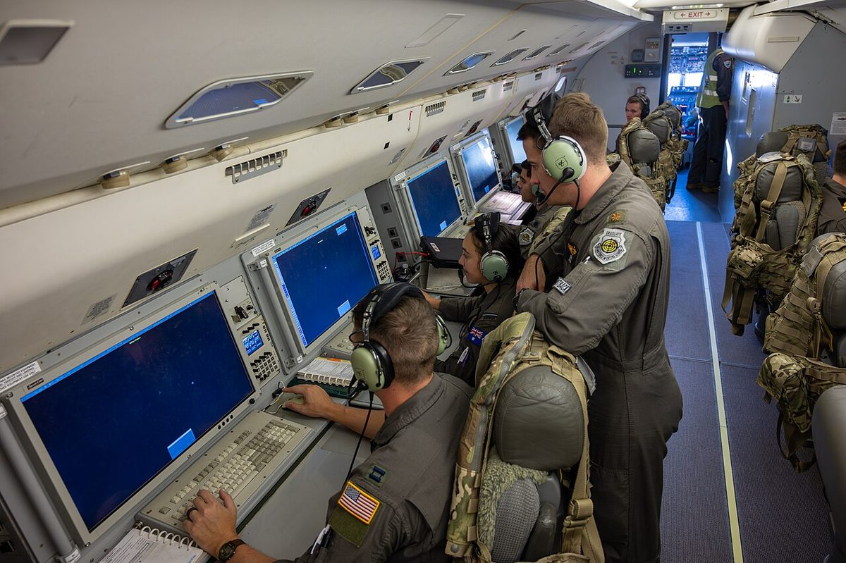 Interior of an RAAF E-7A Wedgetail showing mission crew consoles and displays