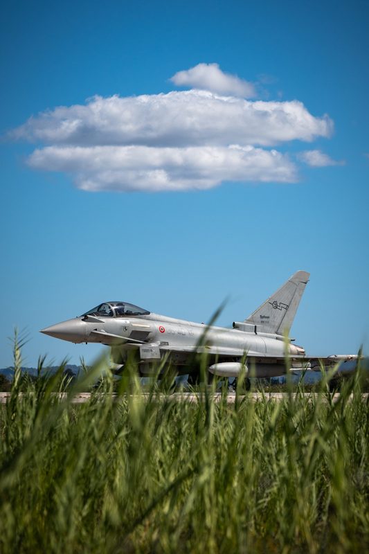 Italian Eurofighter Typhoon fighter jet preparing for takeoff at Andravida Air Base Greece during military exercises