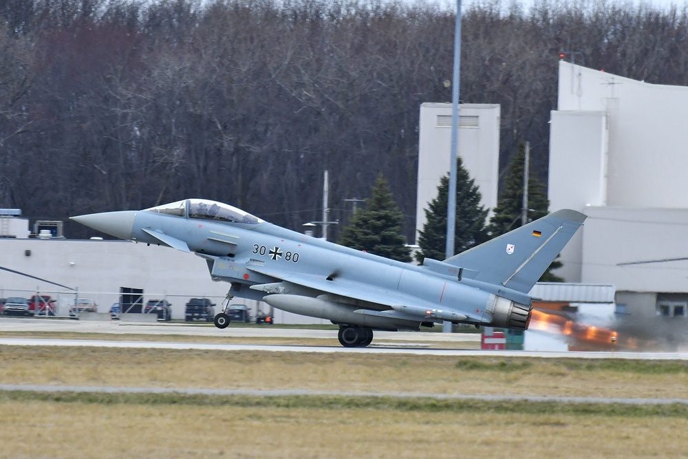 German Air Force Eurofighter Typhoon taking off from Selfridge Air National Guard Base during training exercises