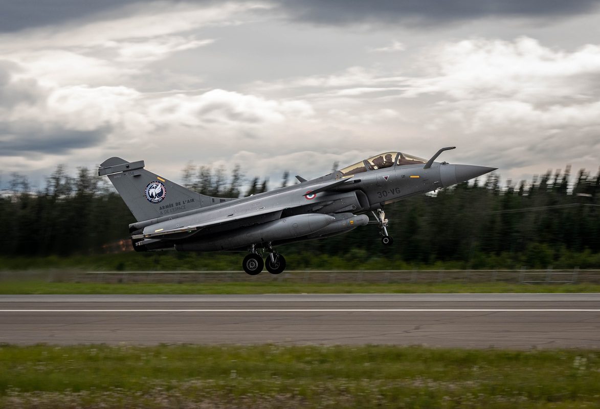 French Air Force Dassault Rafale fighter jet on the runway during Arctic Defender 24 exercises in Alaska