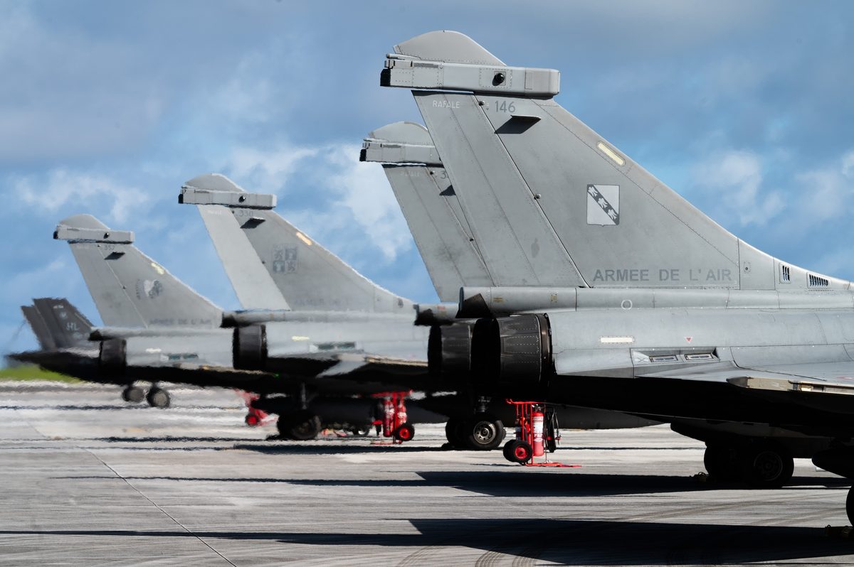French Dassault Rafale flying in formation with a U.S. Air Force F-35 Lightning II during joint exercises