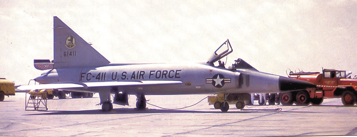 F-102 Delta Dagger with weapons bay doors open showing its internal missile armament
