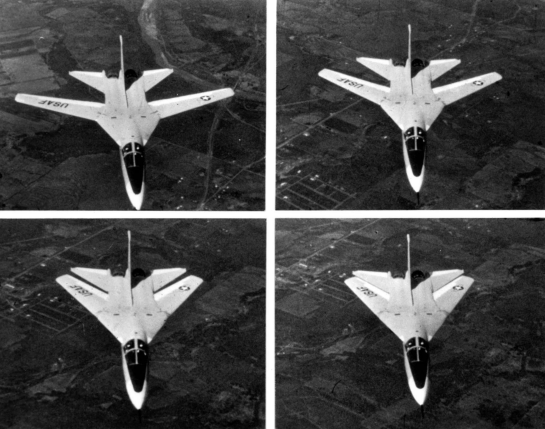 F-111 Aardvark demonstrating variable-sweep wing positions from fully extended to fully swept