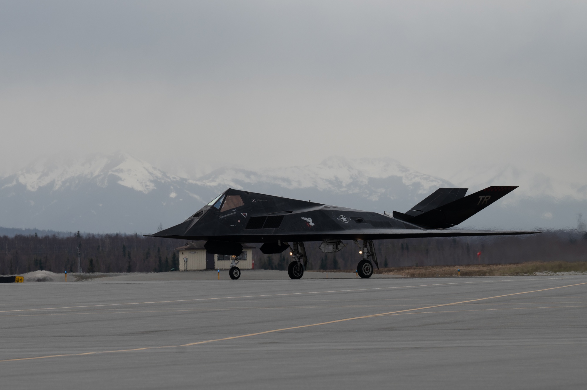 F-117 Nighthawk in flight showing its distinctive angular faceted surfaces designed to deflect radar