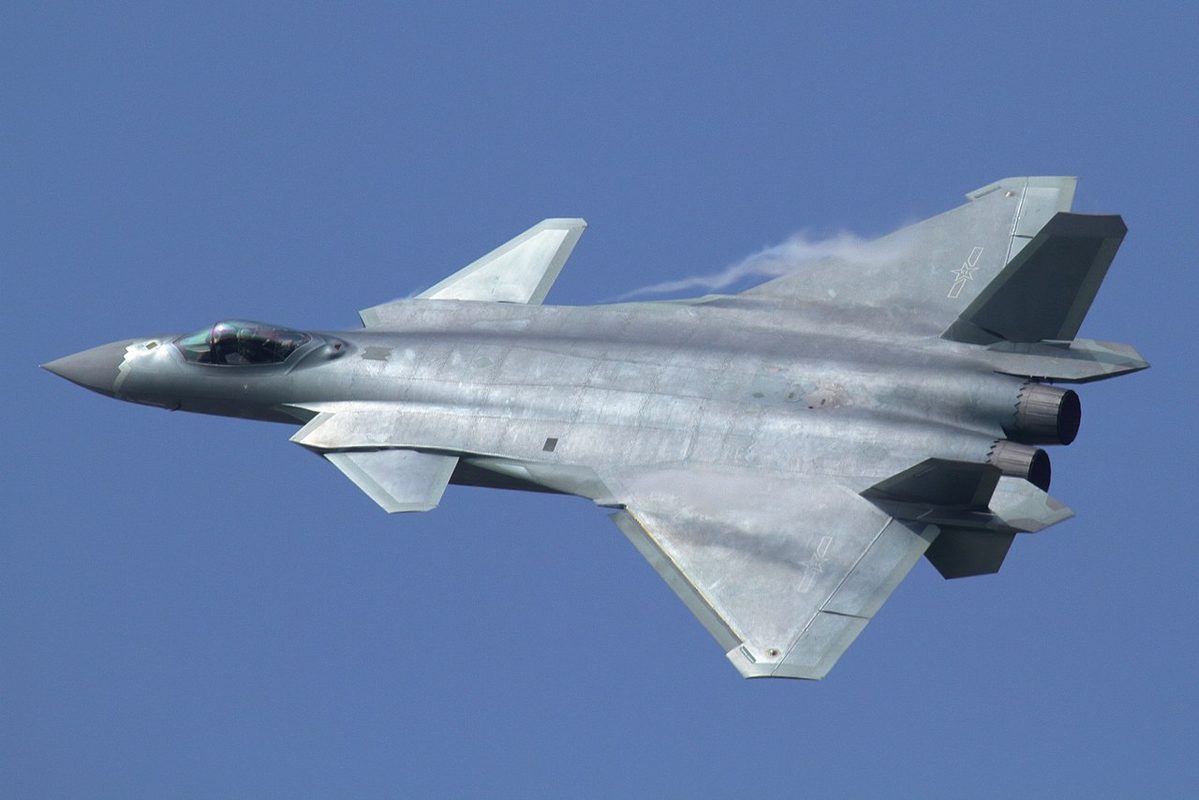J-20 Mighty Dragon stealth fighter at an airshow displaying its canard-delta design