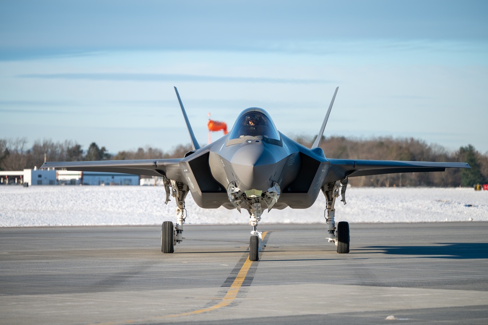 F-35A Lightning II launches on a cool December morning from Hill Air Force Base showing the aircraft's advanced sensor systems