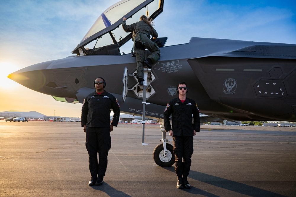 F-35 demonstration team pilot climbing into the cockpit before a demonstration flight at the Sacramento Capitol Air Show