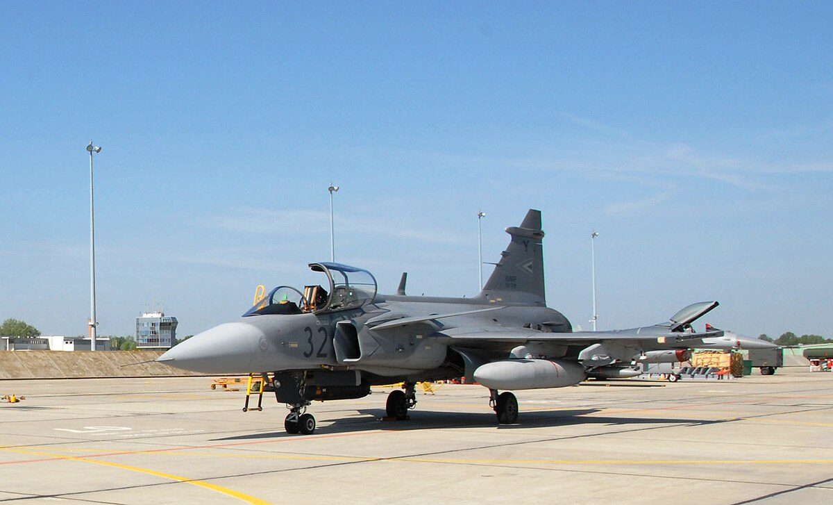 Gripen fighter aircraft loaded with air-to-air and air-to-ground weapons