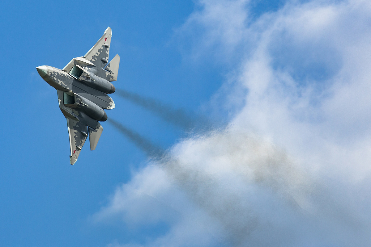 Su-57 Felon in flight showing its large airframe and twin-engine layout
