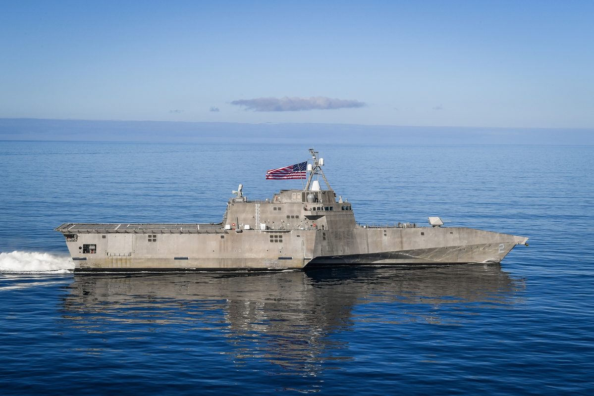 Freedom-class littoral combat ship underway at sea, one of the Navy's troubled LCS fleet that experienced chronic mechanical failures and escalating costs