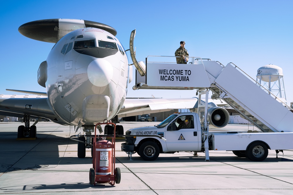 E-3 Sentry AWACS aircraft on the ground at Marine Corps Air Station Yuma during a Large Force Exercise, demonstrating airborne early warning capabilities